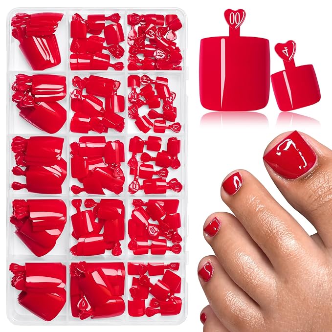 AddFavor 160pcs Red Press on Toenails for Women, Full Cover Fake Toe Nail Tips with Adhesive Tabs, Artificial Pedicure Toe Nail Press ons, Red False Toenail Press ons