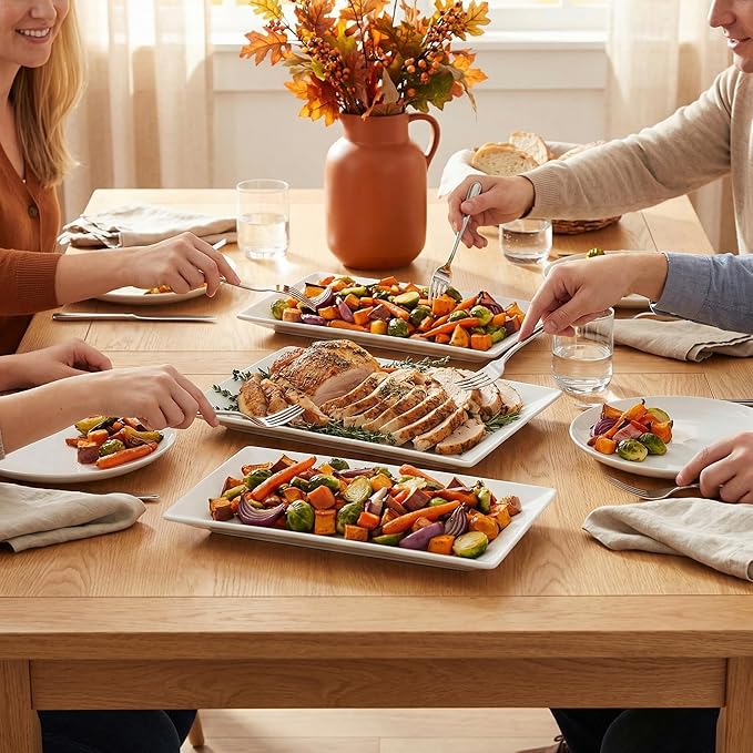 12" Serving Platters Set of 4, White Rectangular Plates, Ceramic Serving Tray, Stackable Large Party Plates for Appetizer, Dessert, Steak, Sushi, Housewarming Gift, Oven Dishwasher Safe