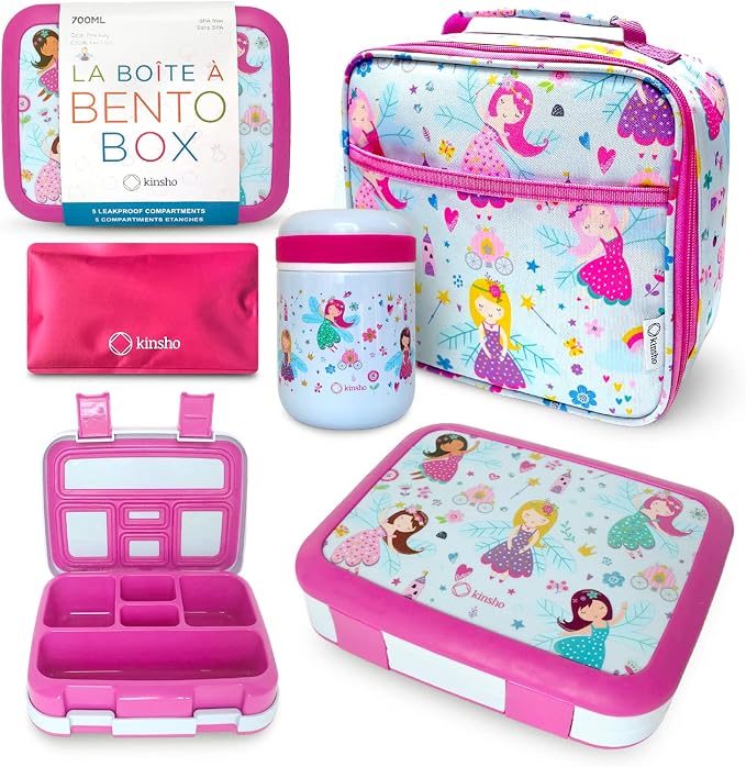 kinsho Bento Lunch Box Set with Thermo, Bag & Ice Pack, Pink Fairy Princess | 5 Compartments, Removable Tray, Small Meal Snack Container Girls Toddlers, Daycare Pre-School Kindergarten, Steel Food Jar