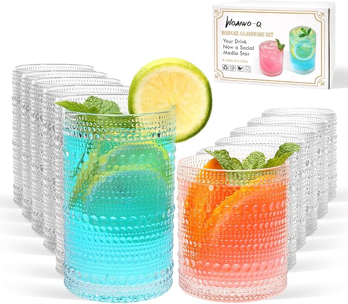 Hobnail Drinking Glasses, Tumbler Glassware, Set of 12 | 10 oz Cocktail Glasses & 12 oz Highball Glasses, Glass Cups for Whiskey, Juice, Home, Bar & Kitchen, Dishwasher Safe