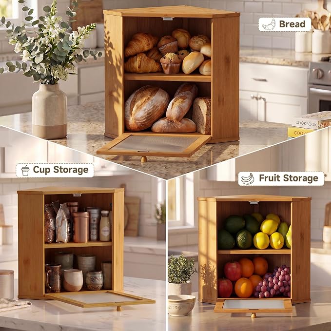 Bread Box for Kitchen Corner Countertop,Large Bread Basket (Brown, X-Large) | Double Layer Bamboo Bread Storage Container for Kitchen Countertop,Height Adjustable