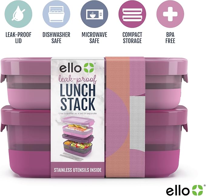 Ello Lunch Stack Bento Box Plastic Food Containers, 2 Pack, Raspberry | Leakproof bento box food containers, 2 pack. BPA-free, great for meal prepping, school & office lunches, and leftovers.