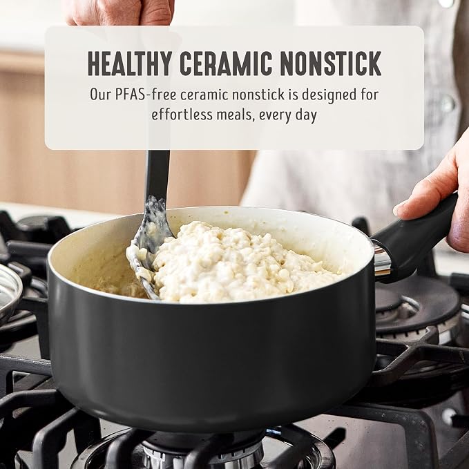 GreenLife 2QT Ceramic Nonstick Saucepan with Lid, Graphite Black | PFAS-Free Ceramic Nonstick Coating, Soup Pot, Induction Ready, All Stovetop Compatible, Stay-Cool Handles, Dishwasher Safe
