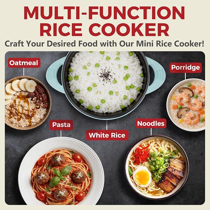 AshGlen Small Rice Cooker 2-Cup uncooked/ 4-Cup Cooked, Mini Hot Pot Electric, Mini Electric Pot, Ceramic Rice Cooker, Small Rice Steamer, Noodle & Oatmeal Cooker, Dual Modes, Single Serve, Aqua