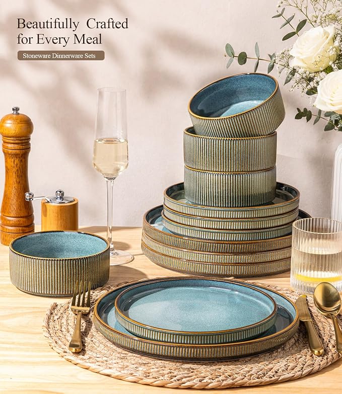 GBHOME Stoneware Dinnerware Sets for 4, 12-Piece Plates and Bowls Set | Handmade Reactive Glaze Ceramic Dish Set, Scratch Resistant, Dishwasher&Microwave Safe,Space Blue