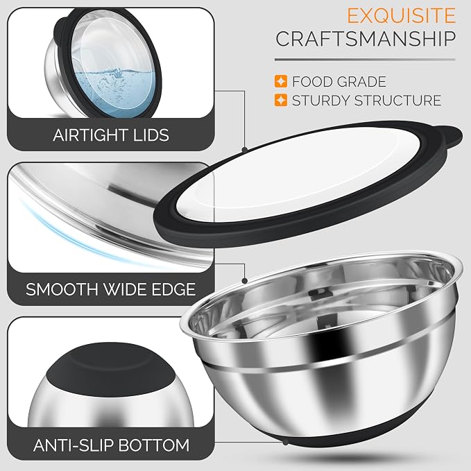 HaWare Stainless Steel Mixing Bowls with Airtight Clear Lids, 24PCS, Black | 5 Nesting Bowls: 4.6/2.6/1.5/1/0.7 QT, Includes 3 Graters, Non-Slip, For Serving, Prepping, Storing