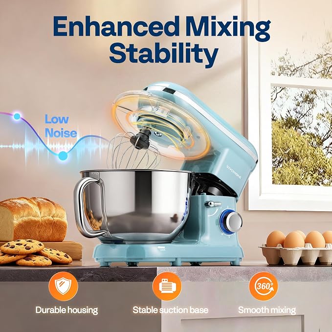 VIVOHOME Stand Mixer, 6-Quart Tilt-Head Kitchen Mixer with Bowl, Blue | 10 Speeds, Dough Hook, Beater, Whisk, Splash Guard, Egg Separator, for Cake & Bread