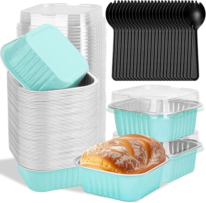 selizo 60 Pack 10oz Mini Disposable Cake Pans with Lids, Aluminum Foil Square Baking Cups, 4.4x4.4 Large Baking Cake Tins Cup Cake Containers with Lids for Thanksgiving Individual Cakes