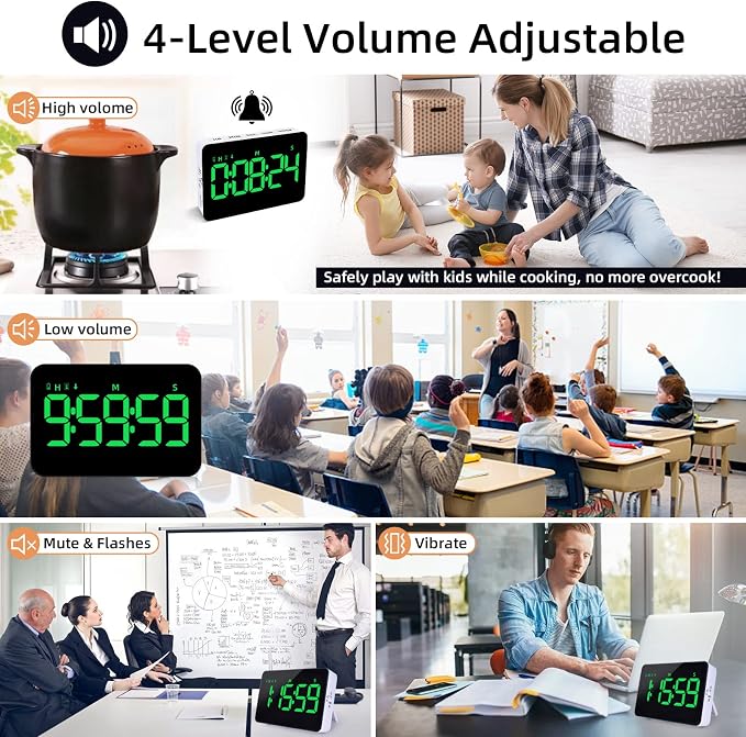 Samshow Rechargeable Digital Kitchen Timer, Green, 5 Inch | Countdown/Up, 3 Adjustable Brightness, 4 Adjustable Volume , 5" LED Display, Magnetic, For Classroom/Office/Home/Work/Game