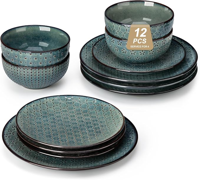 MALACASA 12 Pieces Dinnerware Sets, Farmhouse Plates and Bowls Sets, Embossed Green Dish Set for 4, Vintage Relief Ceramic Dish Set, Chip-Resistant, Microwave and Dishwasher Safe, Series LYDIA