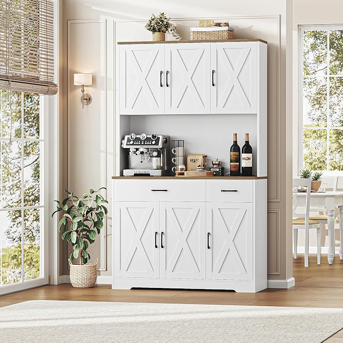 HOSTACK 71"H Kitchen Pantry Storage Cabinet, Farmhouse Hutch Cabinet, White | Space-Saving Pantry Cabinet with Charging Station & 2 Large Drawers & Adjustable Shelves, Tall Kitchen Hutch, Dining Room