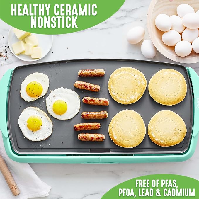 GreenLife 20" Extra Large Electric Griddle, Turquoise | PFAS-Free Ceramic Nonstick Coating, Temperature Control, Removable Dishwasher Safe Drip Tray, Pancakes, Eggs, Omelet, Burgers