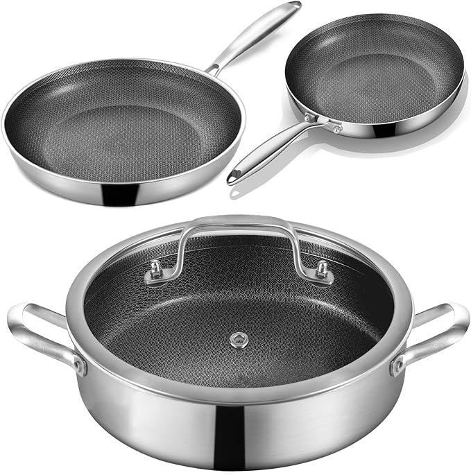 Inqibee 6 QT Saute Pan with Lid & 8.5-10‘’ Frying Pans Set, Ceramic Coating | Tri-Ply Stainless Steel Hybrid Nonstick Cookware Set, PFOA Free, Induction Ready, Dishwasher & Oven Safe
