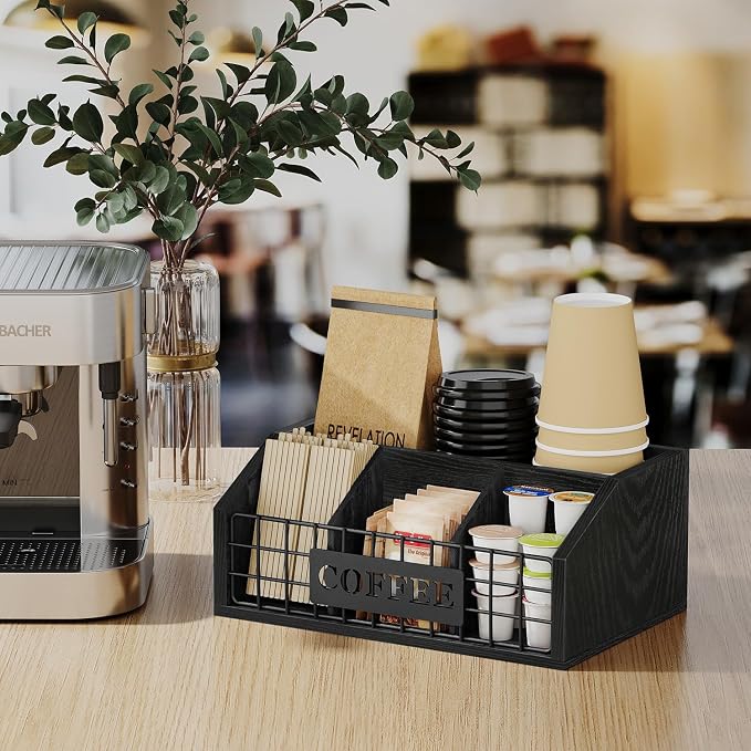YINMIT Coffee Station Organizer for Countertop, Wood Coffee Bar Organizer with Removable Dividers for Pods, Syrup, Cups, Stirrer, Tea - Office Bar Accessories, Iron Wire-Black
