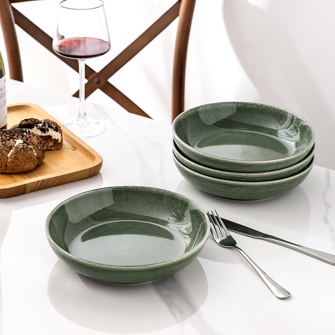AmorArc 8.5’’ Ceramic Pasta Bowls Set of 4, 36oz Large Stoneware Bowls Set | Large Dinner Serving Bowls Set, Wide Bowl Plate for Pasta,Salad, Soup, Microwave Safe, Reactive Glaze-Jade Green