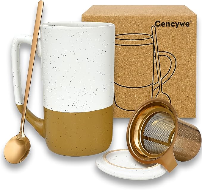 Gencywe Ceramics Large Tea Cup with Loose Leaf Infuser, Spoon and Lid, 16 oz Tall Coffee Mug, Microwave and Dishwasher Safe, Rustic Matte Ceramic Glaze, Tea Strainer, Amber