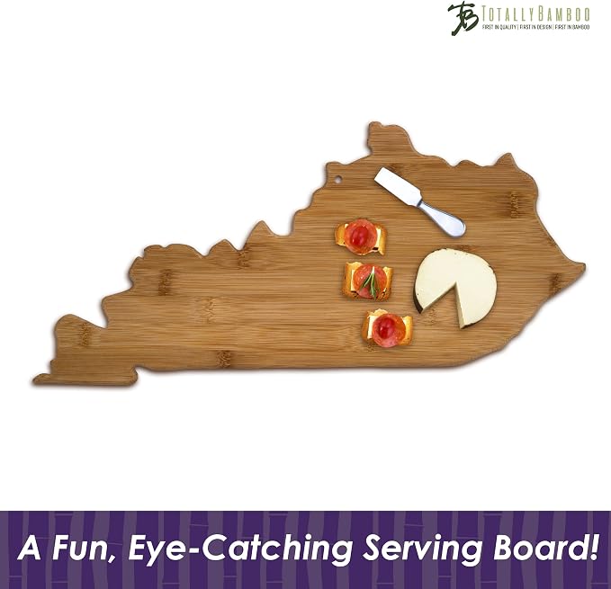 Totally Bamboo Kentucky State Shaped Bamboo Serving and Cutting Board | State charcuterie board with natural bamboo grain. Knife-friendly surface for food prep. Hang tie for wall display.
