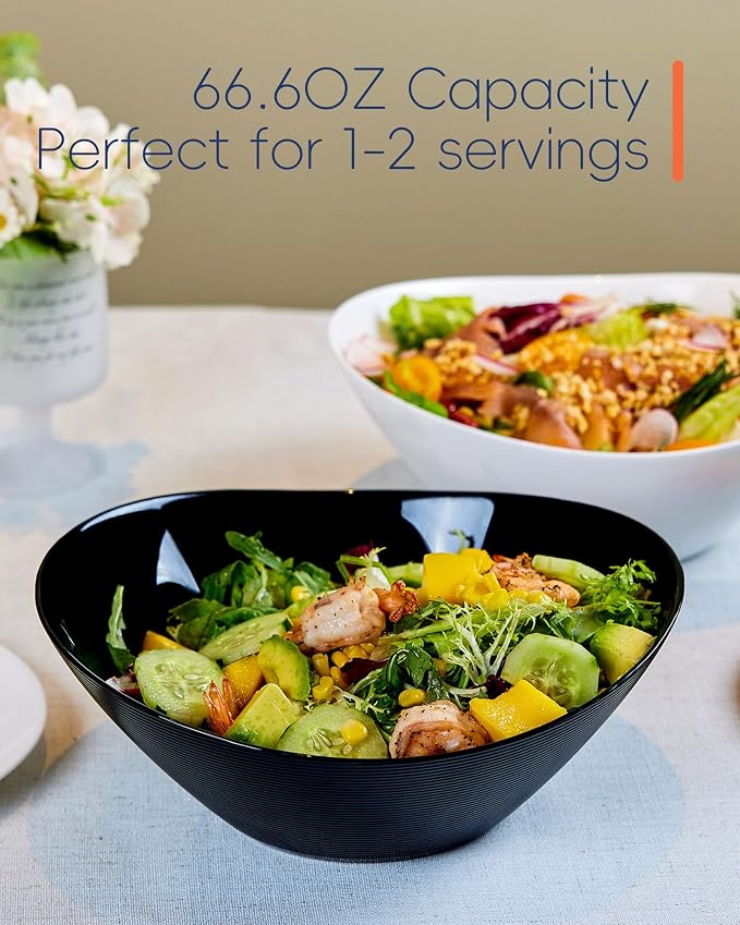 66 OZ Salad Bowl Set of 2, 10 Inch Black Opal Glass Oval | Ultra-thin lightweight serving dish with microwave & dishwasher safe design, perfect for salad, fruit and kitchen use