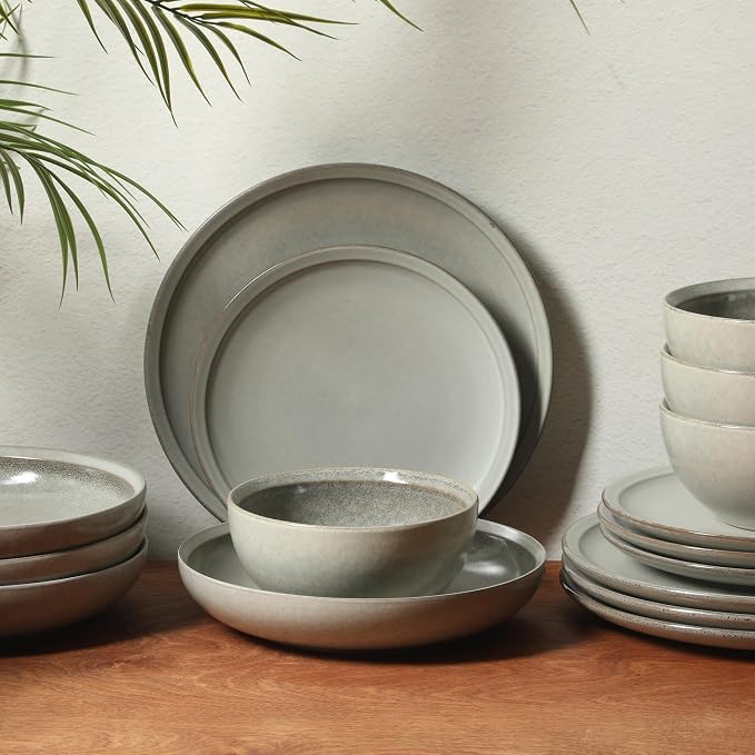 Gibson Elite Beckett Stoneware Matte Reactive Glaze 16 Piece (Service for 4) Plates and Bowls Dinnerware Set - Ash White