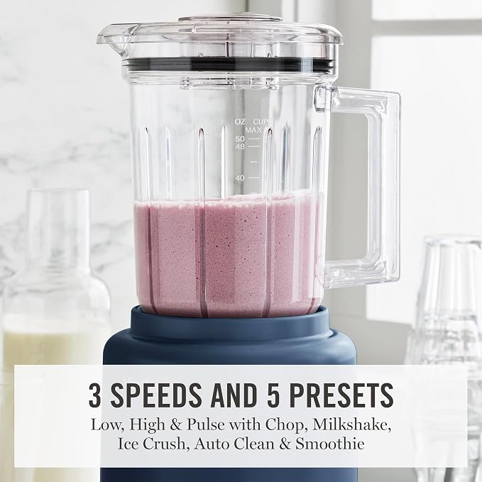 Martha Stewart 50oz Countertop Blender, 3 Speeds, 5 Presets, Indigo Blue | BPA-Free Pitcher, Smoothies, Margaritas, Milkshakes & Ice Crushing, Stainless Steel Blades, Auto-Clean, Dishwasher-Safe Parts