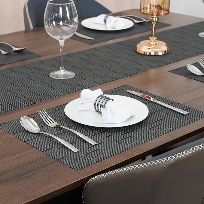 Myir JUN Placemats Set of 8 Kitchen and Dining Table Placemats | Vinyl Placemats Place Mats Indoor/Outdoor Set of 8 Washable Table Mats Non-Slip Place mats for Dining Table, Black-gray