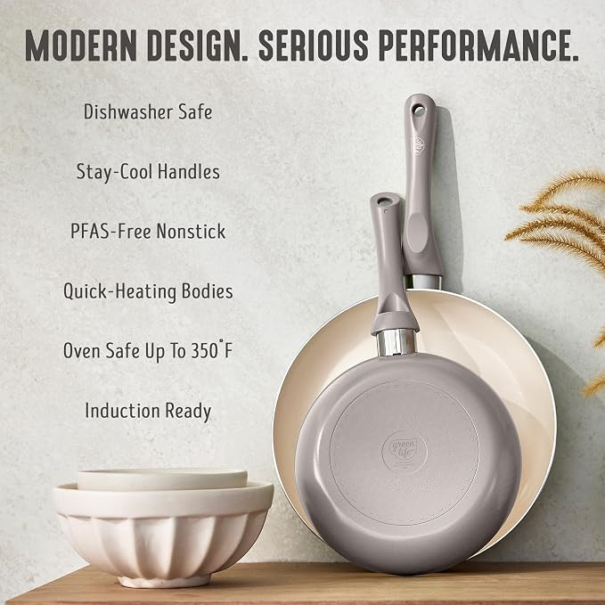 GreenLife 2 Piece (8" & 10") Ceramic Nonstick Skillet Set, Light Gray | PFAS-Free Nonstick Coating, Frying Pans, Omelet Pans, Everyday Pan, Induction Ready, All Stovetop Compatible, Dishwasher Safe