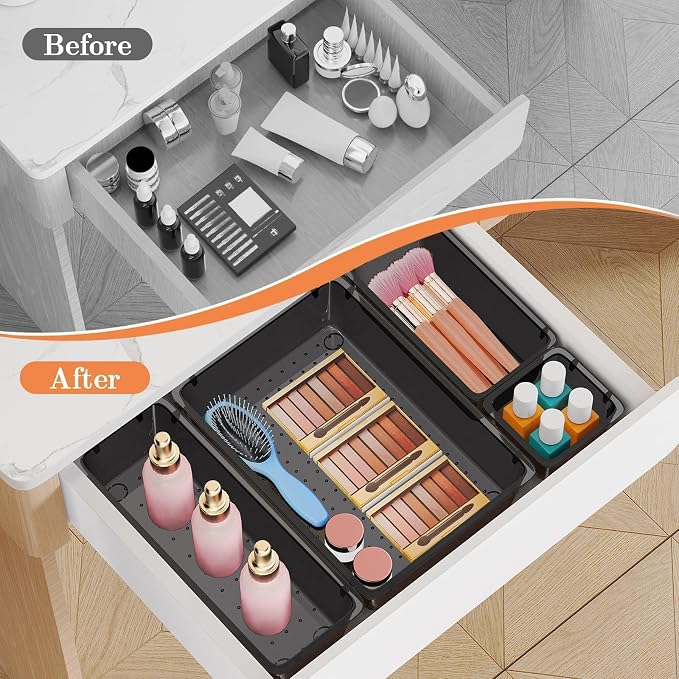 25 PCS Plastic Drawer Organizer, Versatile Organizer Trays & storage Bins | 4-Size Versatile Organizer Trays & storage Bins for Makeup, Jewelry, and Gadgets in Bathroom, Bedroom and Office, Clear Black