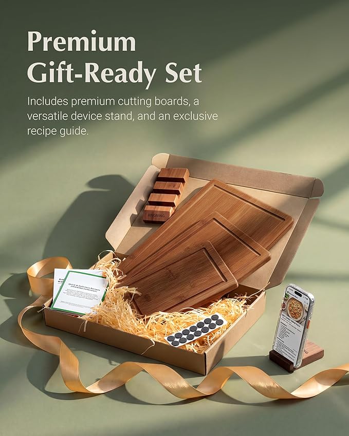 JINGNING Deep-Carbonized Bamboo Cutting Board Set for Kitchen with Wood Storage Stand, Deep Juice Grooves, Easy-Grip Handles & Non-Slip Pads, Premium Kitchen Gift