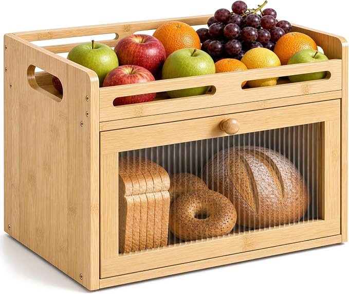 Bread Box for Kitchen Countertop, Bamboo Bread Storage Container with Raised-Rail Top Shelf and Acrylic Window, Farmhouse Breadbox Organizer for Pantry, Fruit, Spices