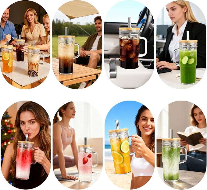 Birity Glass Cups with Lids and Straws,24oz Glass Tumbler With Handle,4 Pack Reusable Iced Coffee Cup with Lids-Mason Jar with Lid and Straw,Boba Cup for Cold & Hot Drinks,Smoothies Cup,Travel Mug