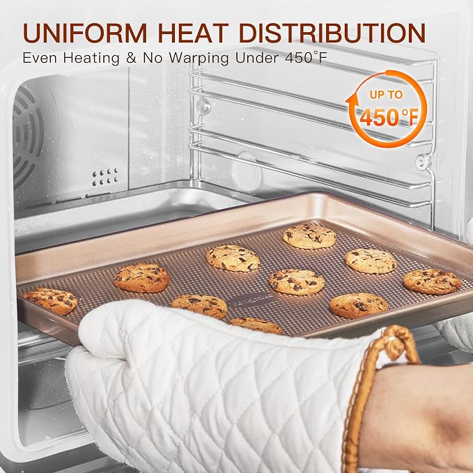 3 Pack Gold Nonstick Baking Sheet Pan Set with Oven Mitts Heat Resistant, Non-Toxic Half/Quarter/Jelly Roll Pans with Diamond Texture Pattern, Heavy Duty 0.8mm Thick Cookie Trays for Cooking