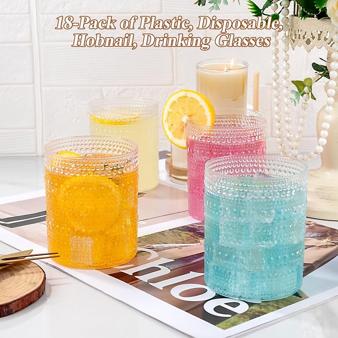 18PCS Plastic Hobnail Drinking Glasses - 14 Oz Clear Vintage Glasses Drinkware - Disposable Beaded Cups for Beer, Whiskey, Juice, Cocktail, Wine, Party (Pack of 2)