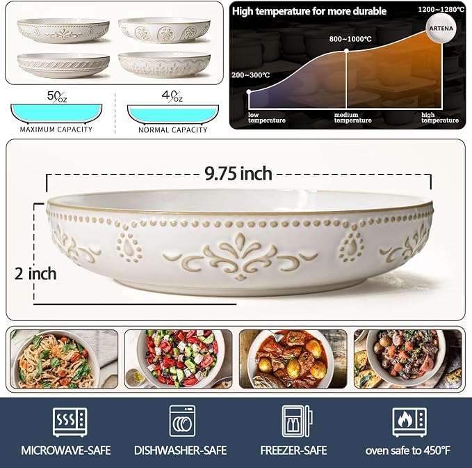 Pasta Bowls, 50oz Large Salad Serving Bowls, 9.75'' Plates Bowl Set of 4, Big White Ceramic Soup Bowl for Kitchen, Embossment Shallow Dinner Bowl, Microwave Dishwasher Safe, Damask Floral
