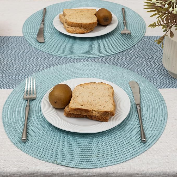 Winknowl 15 Inch Round Braided Placemats Set of 6, Washable Cotton Polyester Table Mats, Heat Resistant Non-Slip Place Mats for Kitchen Dining Table Decor (Light Blue,6pcs)