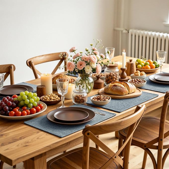 Faux Cotton Linen Placemats Set of 6, Cloth Washable Farmhouse Dining Table Mats for Indoors & Outdoors, Easy to Clean, Denim Blue, 13 x 19 Inch