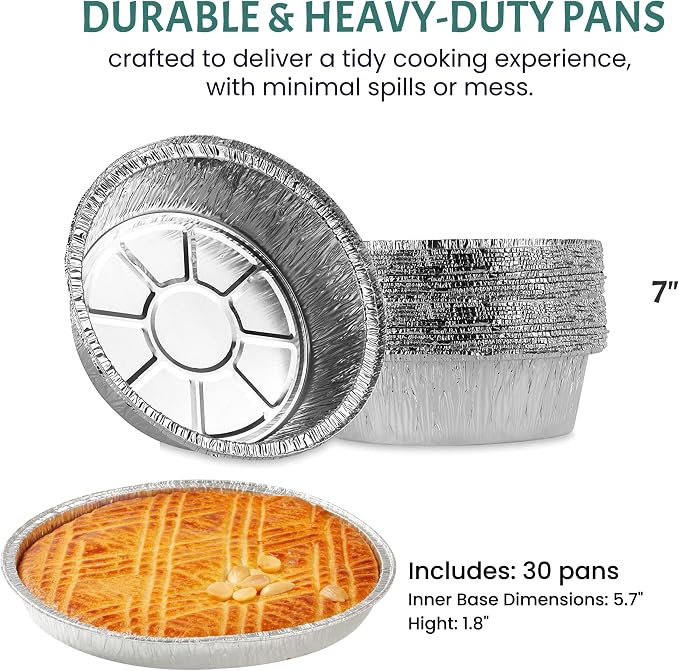 Round Disposable Aluminum Pie Pans (30 Pack) - 7 Inch Disposable Pie Pans - Round Aluminum Foil Pans For Baking, Grilling, Cooking, Storing, Prepping