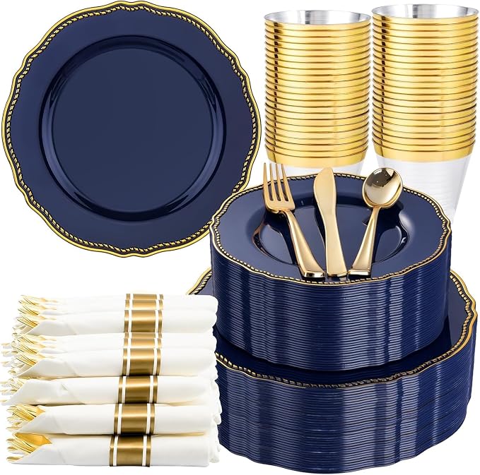 350 Pcs Blue and Gold Plastic Plates for Wedding & Party | Blue Plastic Dinnerware Set Includes 50 Dinner Plates, 50 Dessert Dinnerware, 50 Cups, 50 Rolled Napkin Cutlery