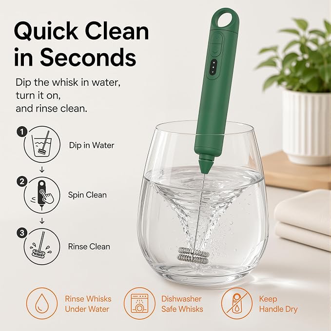 Rechargeable Milk Frother Handheld 3 Speed Coffee Foamer [3 Whisk] Electric Drink Mixer for Latte, Cappuccino, Coffee, Eggs, Hot Chocolate,Grass Green