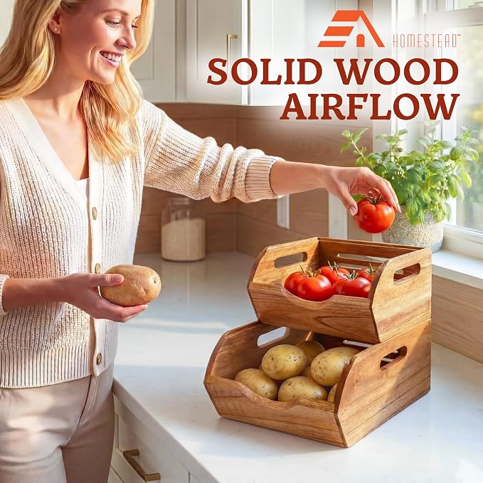 HOMESTEAD Stackable Wood Storage Bin, Ventilated Potato and Onion Storage Organizer with Handles, Wooden Pantry Organizer Bins for Fruit, Vegetables, Potatoes and Onions Storage, Natural