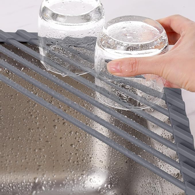 Tomorotec Roll Up Dish Drying Rack with Silicone Coating, Deep Gray | 304 Stainless Steel with BPA-Free Silicone, Triangle Design Maximizes Sink Corner Space, Fits Compact Kitchens And RVs