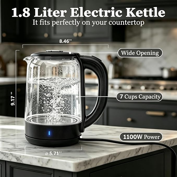 1.8L Glass Electric Kettle for Tea and Coffee | 1000W Rapid Boil Hot Water Kettle, Borosilicate Glass, Auto Shut-Off, BPA Free, Easy Cleaning, Cordless 360°Swivel Base