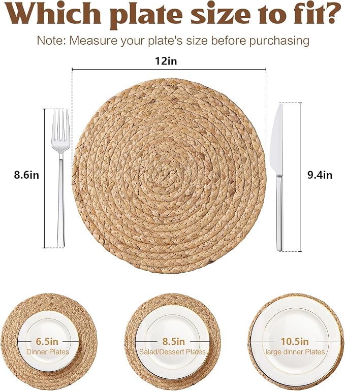 Aofmee 12 inch Round Woven Placemats Set of 6, Boho Rattan Place Mats, Natural Water Hyacinth Table Placemats, Farmhouse Weave Table Mats, Rustic Braided Wicker Charger Plates for Dining Table Decor