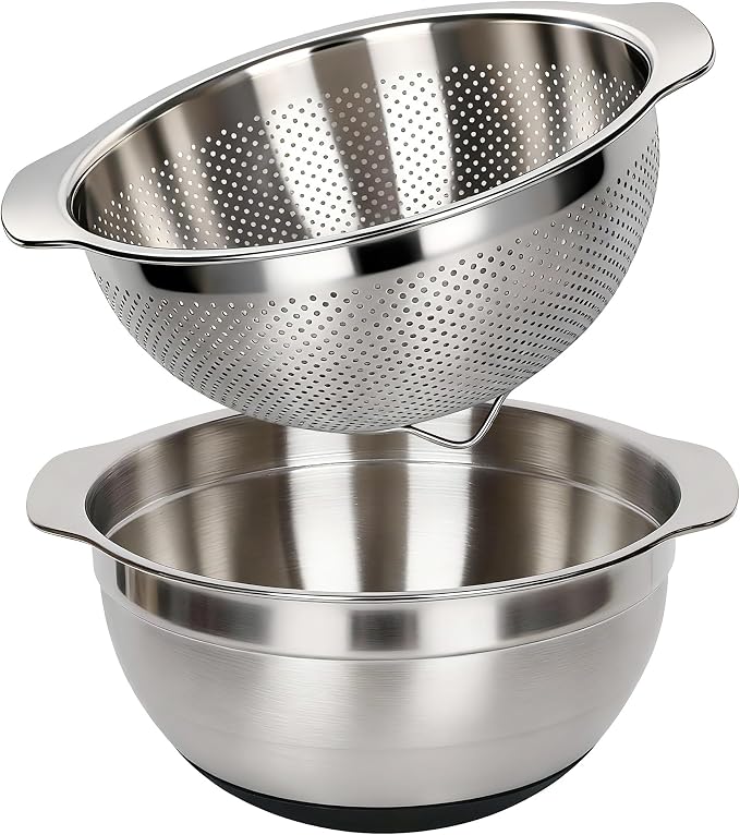 304 Stainless Steel Colander, 2.5 QT Capacity and 2.5 QT Mixing Bowl, Micropore Strainer for Washing Rice, Fruit, and Veggies, Perfect Draining for Cooked Pasta