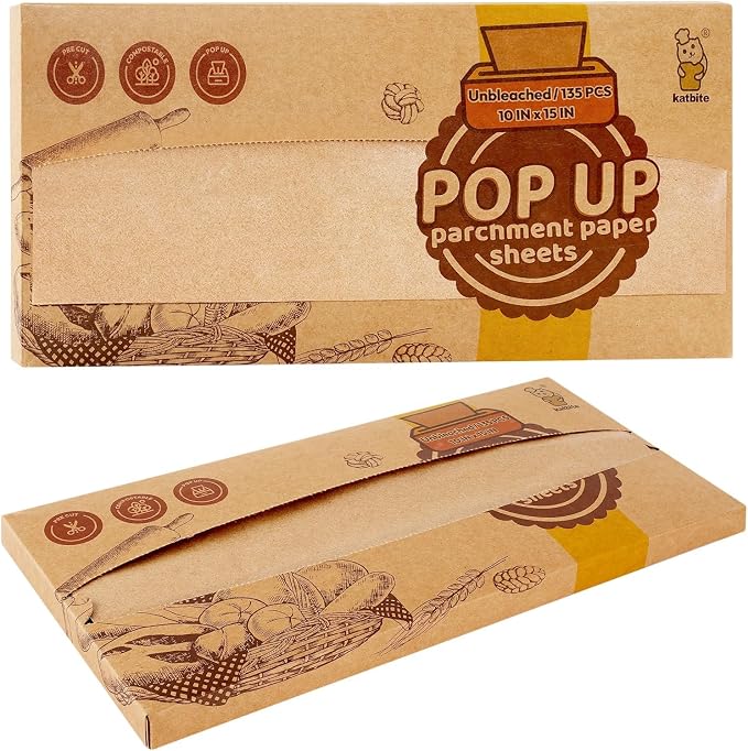 katbite 135Pcs 45 gsm Pop-Up Parchment Paper Sheets, Heavy Duty & Non-stick,10x15 In Pre-cut Unbleached Parchment Paper for Baking, Pop-Up Paper Dispenser for Cooking Wrapping Space-saving | Precut, Extra Strong, Heavy Duty and Non-stick Parchment Shee...