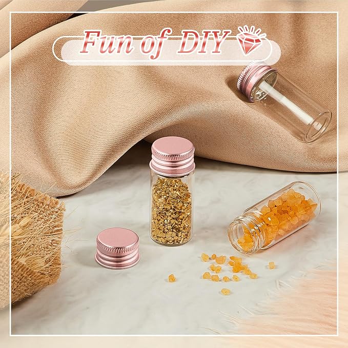 Didaey 100 Pcs Small Clear Vials Spice Mini Jars with Lids Mini Glass Bottles with Screw Aluminum Metal Caps Tiny Jars Sample Containers for Powder Cream Cosmetic Jewelry Wedding (10 ml,Rose Gold)