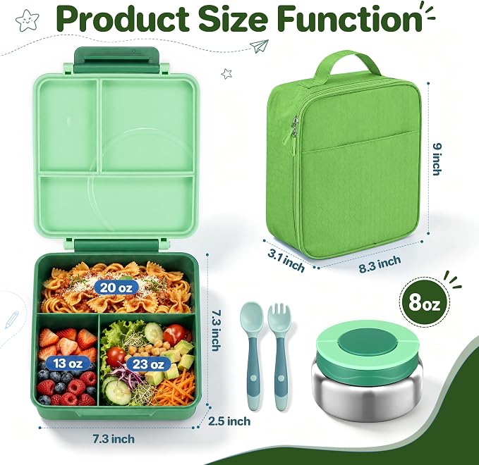 Bento Lunch Box Set for Kids with 8oz Soup Thermo, Leak-Proof Lunch Containers with 4 Compartment, Kids Thermo Hot Food Jar and Insulated Lunch Bag for Kid to School-Green