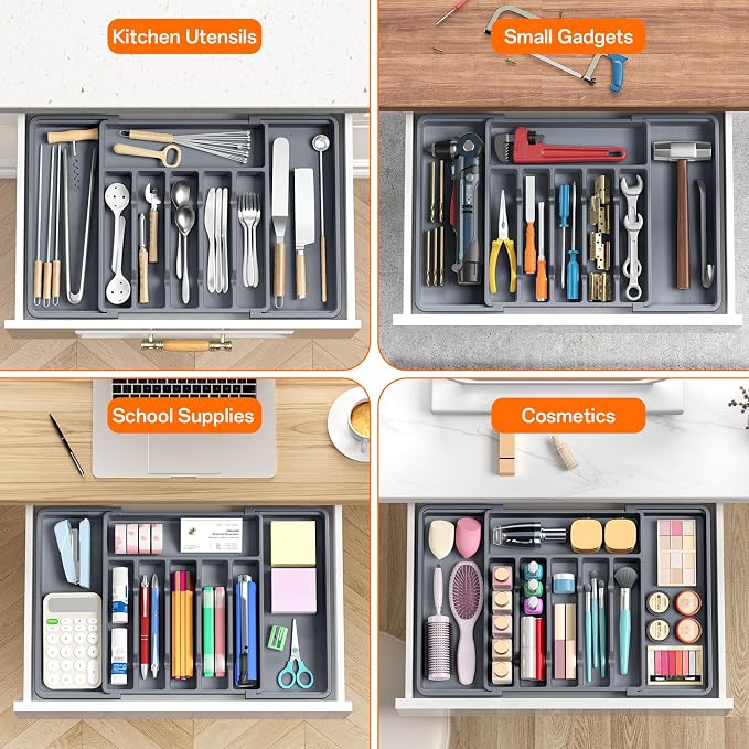 RoomHacks Large Silverware Organizer,Expandable Utensil Drawer Organizer,BPA Free Utensil Holder,Adjustable Silverware Tray Cutlery Drawer Organizer for Kitchen Flatware,Large,Grey,2 Pack