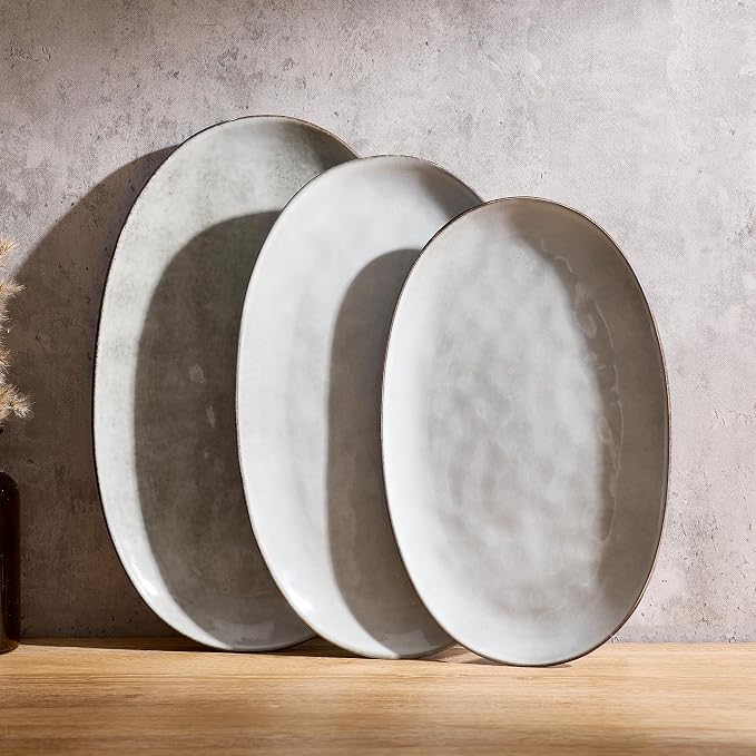 famiware Serving Platters Set of 3 Sizes - Oval, Grey | 15.59"/14.3"/12.9" Fine Stoneware Serving Trays for Party, Entertaining for Food, Turkey, Cheese, Microwave Dishwasher Safe