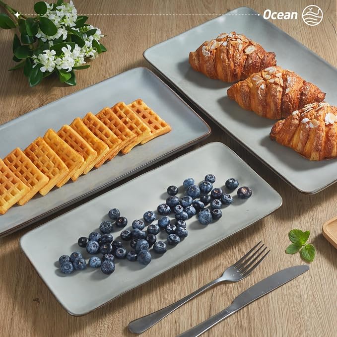 Famiware Serving Platters Set of 3 Sizes - Rectangular, Grey | 15.67"/14.1"/12.6" Fine Stoneware Serving Trays for Party, Entertaining for Food, Turkey, Cheese, Microwave Dishwasher Safe