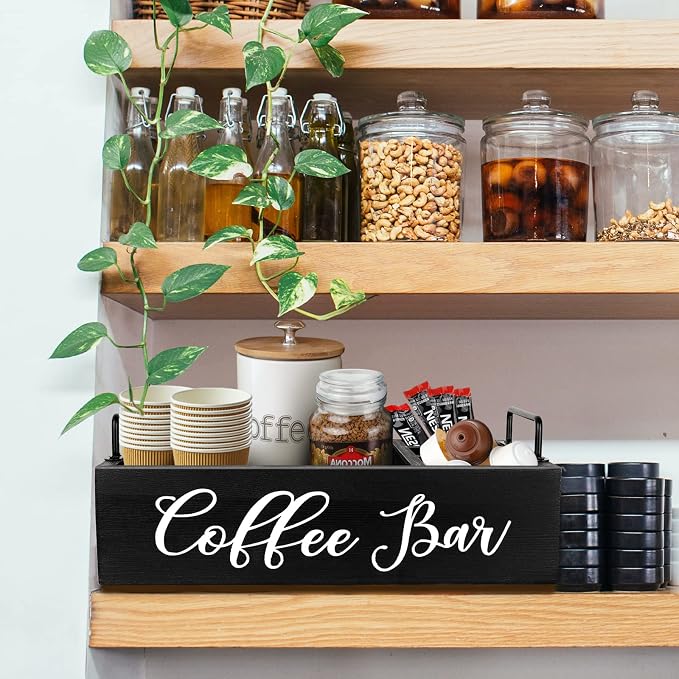 MINCORD Coffee Station Organizer for Countertop | Wooden Coffee Bar Holder Accessories Farmhouse Kcup Pod Storage Basket with Handle - Black